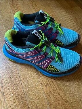Salomon XR Mission Blue, Purple and Neon Green Trail Running Shoe 7.5